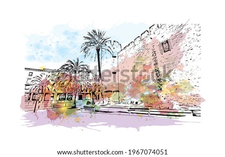 Building view with landmark of Elche is a city in southeast Spain. Watercolor splash with hand drawn sketch illustration in vector.