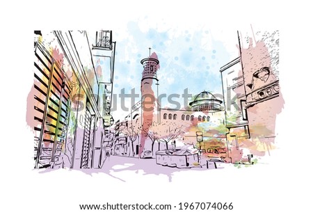 Building view with landmark of Elche is a city in southeast Spain. Watercolor splash with hand drawn sketch illustration in vector.