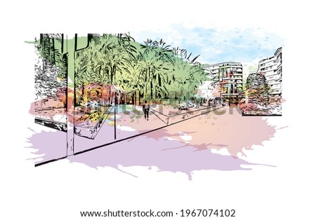 Building view with landmark of Elche is a city in southeast Spain. Watercolor splash with hand drawn sketch illustration in vector.