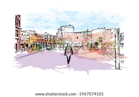 Building view with landmark of Elche is a city in southeast Spain. Watercolor splash with hand drawn sketch illustration in vector.