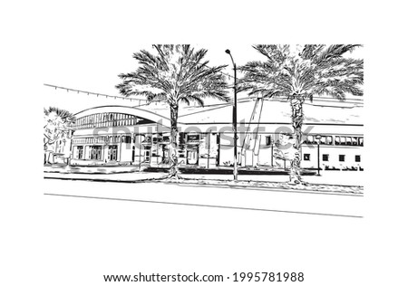 Building view with landmark of Gainesville is a city in northern Florida. Hand drawn sketch illustration in vector.