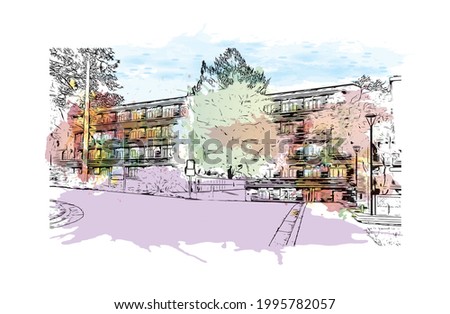 Building view with landmark of Gainesville is a city in northern Florida. Watercolor splash with hand drawn sketch illustration in vector.