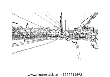 Building view with landmark of George town is the capital of Cayman Islands. Hand drawn sketch illustration in vector.