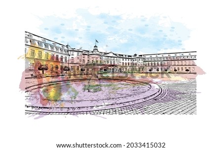 Building view with landmark of Karlsruhe is the 
city in Germany. Watercolor splash with hand drawn sketch illustration in vector.