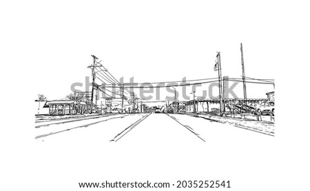 Building view with landmark of Kearney is the county seat in United States. Hand drawn sketch illustration in vector.