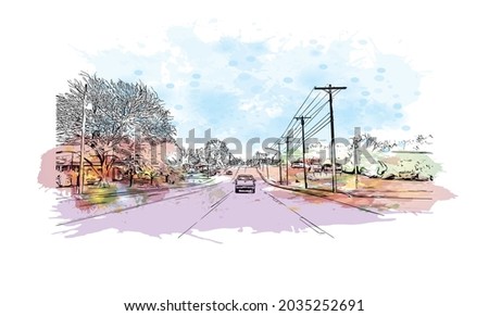 Building view with landmark of Kearney is the county seat in United States. Watercolor splash with hand drawn sketch illustration in vector.