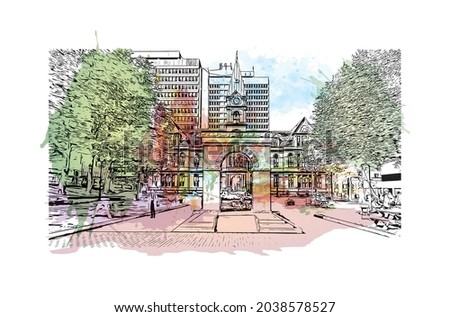 Building view with landmark of Halifax is the 
city in Canada. Watercolor splash with hand drawn sketch illustration in vector.