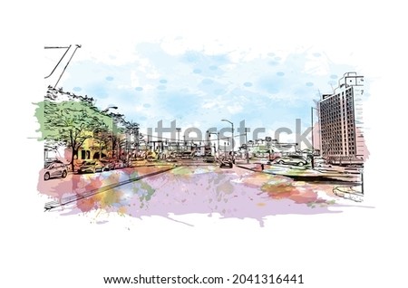 Building view with landmark of Hartford is the capital in Connecticut. Watercolor splash with hand drawn sketch illustration in vector.