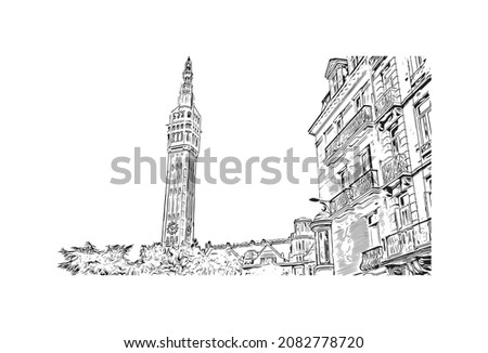 Building view with landmark of Lille is the 
city in France. Hand drawn sketch illustration in vector.