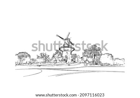 Building view with landmark of Leiden is the 
city in the Netherlands. Hand drawn sketch illustration in vector.