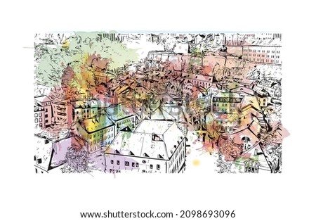 Building view with landmark of Luxembourg is the 
country in Europe. Watercolor splash with hand drawn sketch illustration in vector.