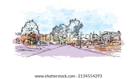 Building view with landmark of Milford is the 
city in Connecticut. Watercolor splash with hand drawn sketch illustration in vector.