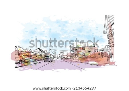 Building view with landmark of Milford is the 
city in Connecticut. Watercolor splash with hand drawn sketch illustration in vector.