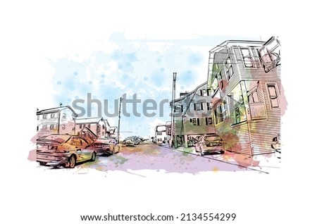 Building view with landmark of Milford is the 
city in Connecticut. Watercolor splash with hand drawn sketch illustration in vector.