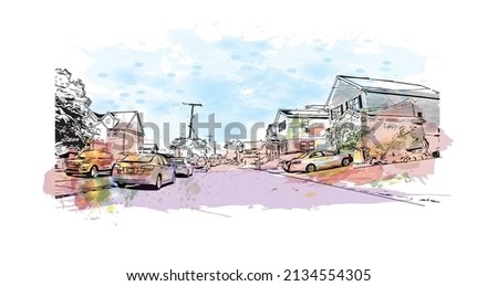 Building view with landmark of Milford is the 
city in Connecticut. Watercolor splash with hand drawn sketch illustration in vector.