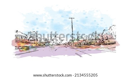 Building view with landmark of Milford is the 
city in Connecticut. Watercolor splash with hand drawn sketch illustration in vector.