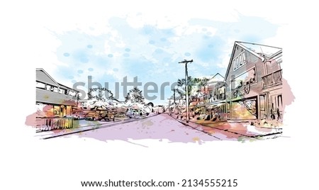 Building view with landmark of Milford is the 
city in Connecticut. Watercolor splash with hand drawn sketch illustration in vector.