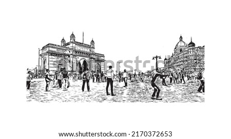 Building view with landmark of Mumbai is the 
city in India. Hand drawn sketch illustration in vector.