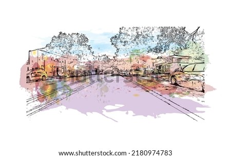 Building view with landmark of New Haven is the 
city in Connecticut. Watercolor splash with hand drawn sketch illustration in vector.