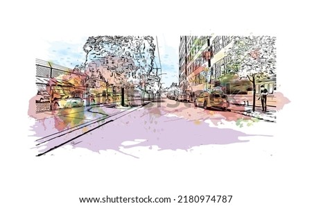 Building view with landmark of New Haven is the 
city in Connecticut. Watercolor splash with hand drawn sketch illustration in vector.