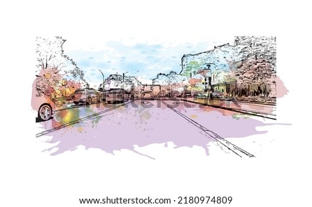 Building view with landmark of New Haven is the 
city in Connecticut. Watercolor splash with hand drawn sketch illustration in vector.