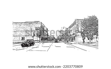 Building view with landmark of Oshkosh is the 
city in Wisconsin. Hand drawn sketch illustration in vector.
