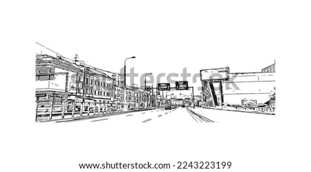 Building view with landmark of Pilzen is a city in the western Czech Republic. Hand drawn sketch illustration in vector.