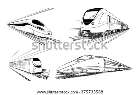 Metro train vector sketches in black lines