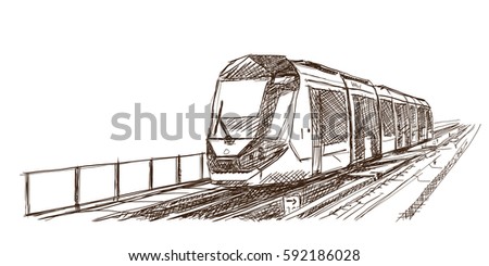 Sketch of New modern tram in Dubai, United Arab Emirates in vector illustration.
