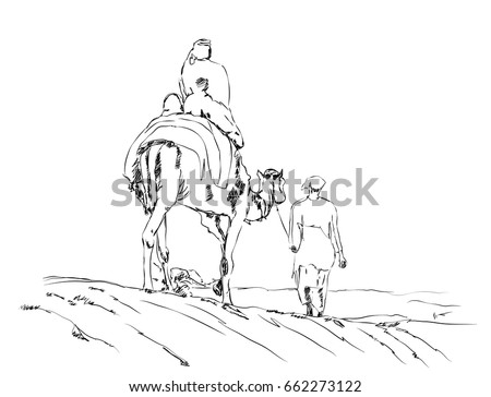 Hand drawn sketch of Camel riding in vector illustration