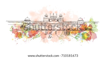 watercolor sketch of Red fort New Delhi India in vector illustration.