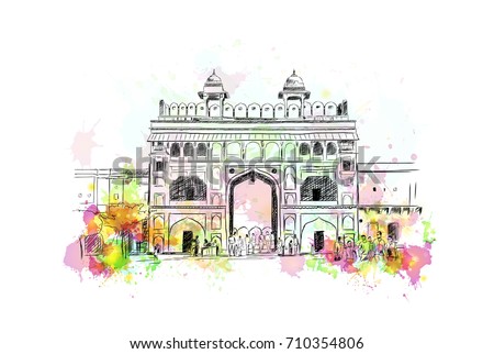 Watercolor sketch of Amer fort Jaipur India in vector illustration.
