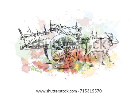 Watercolor sketch of Bull Cart in vector illustration.