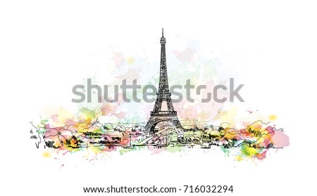 Watercolor sketch of Eiffel Tower, Paris Capital of France in vector illustration.
