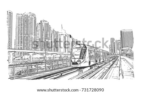 Hand drawn sketch of Tram service in the city of Dubai in vector illustration.