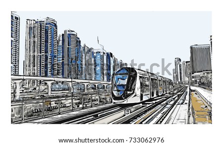 Vector illustration with sketch of Tram metro and buildings in Dubai, UAE.