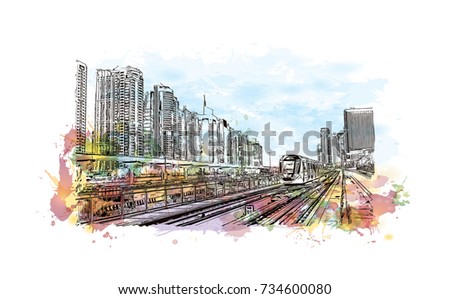 Watercolor splash with sketch of Tram Train Dubai UAE in vector illustration.