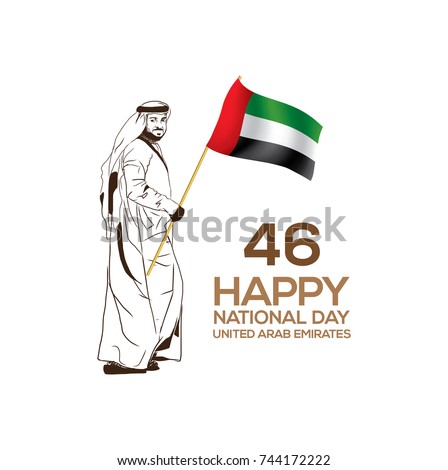 46 Happy National Day of UAE (United Arab Emirates) with traditional Arab man with UAE flag in vector sketch illustration.