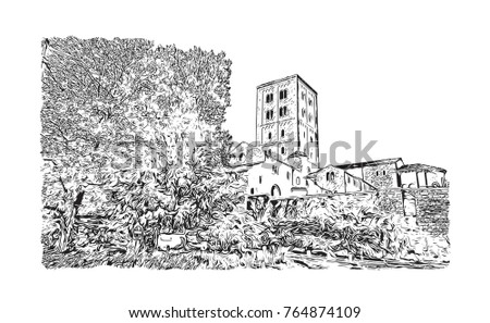 Sketch illustration of The Cloisters is a museum in Upper Manhattan, New York City in vector.