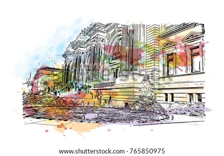 Watercolor splash with hand drawn sketch of The Metropolitan Museum of Art, colloquially 
