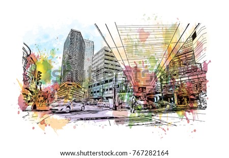 Watercolor splash with sketch illustration of Copley Place, Boston, USA in vector.