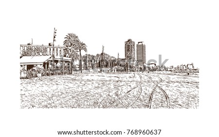 Hand drawn sketch illustration of La Barceloneta beach, Barcelona, Spain. in vector
