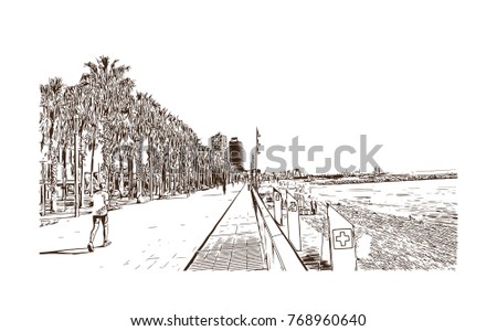 Hand drawn sketch illustration of La Barceloneta beach, Barcelona, Spain. in vector