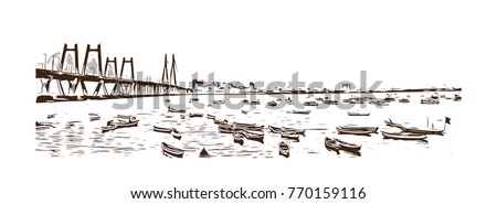 Hand drawn sketch of The Bandra-Worli Sea Link, also called Rajiv Gandhi Sea Link at dusk in vector illustration.