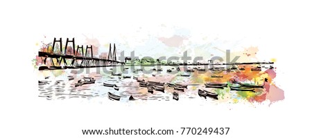 Watercolor splash with hand drawn sketch of The Bandra-Worli Sea Link, also called Rajiv Gandhi Sea Link at dusk in vector illustration.