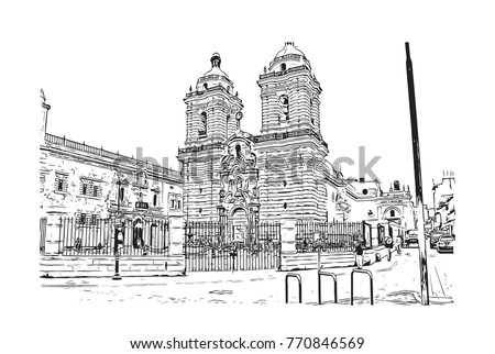 Sketch of Church and Convent of San Francisco, California, USA in vector illustration.