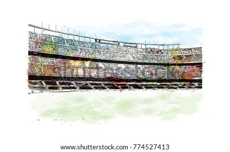 Watercolor painting with splash and sketch of Stadium in Barcelona, Spain in vector illustration.
