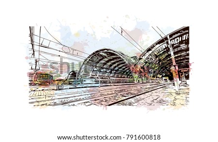 The Central Train Station Milan City in Italy. Watercolor splash with sketch illustration in vector.