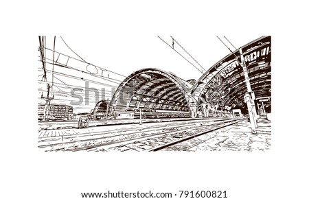 The Central Train Station Milan City in Italy. Hand drawn sketch illustration in vector.