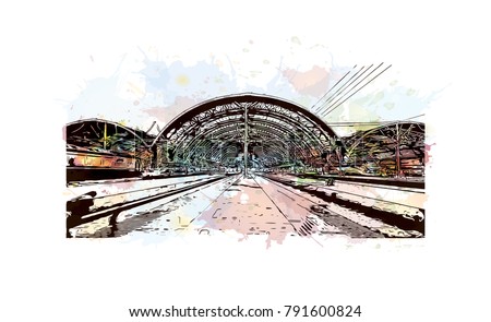 The Central Train Station Milan City in Italy. Watercolor splash with sketch illustration in vector.